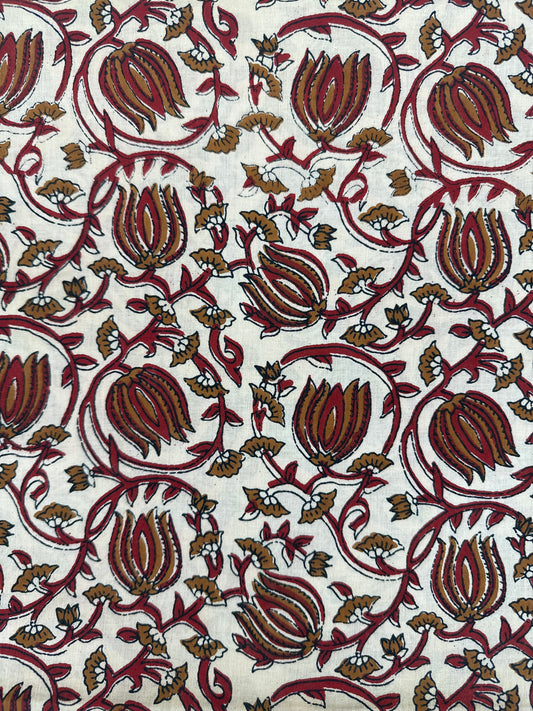 Cream & Crimson Pomegranate Vine Block Print Cotton
