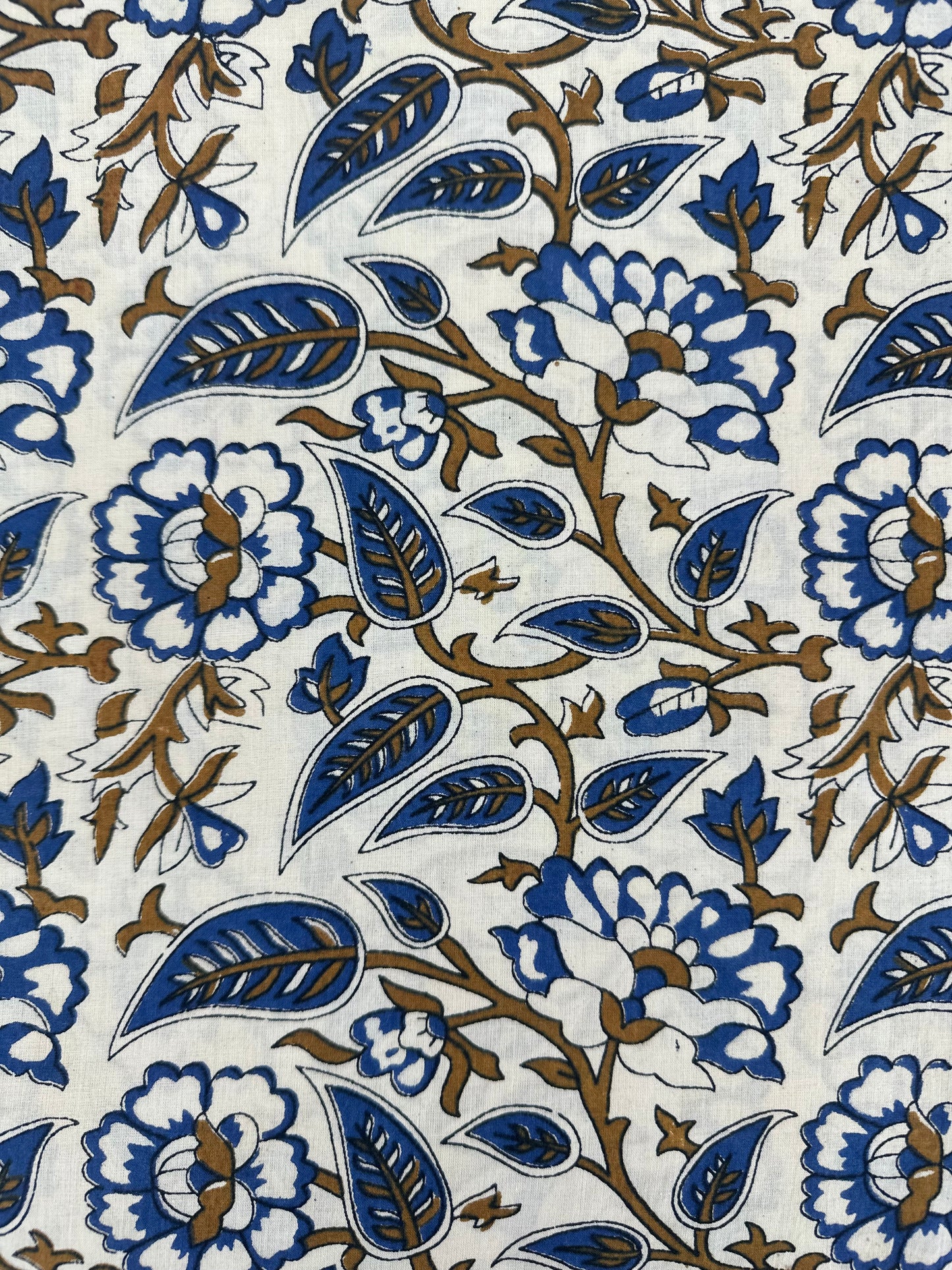 White Ground Blue & Gold Floral Vine Block Print Cotton