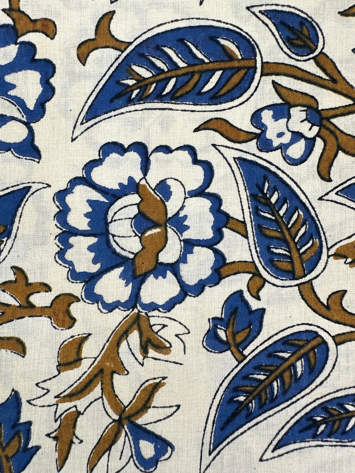 White Ground Blue & Gold Floral Vine Block Print Cotton
