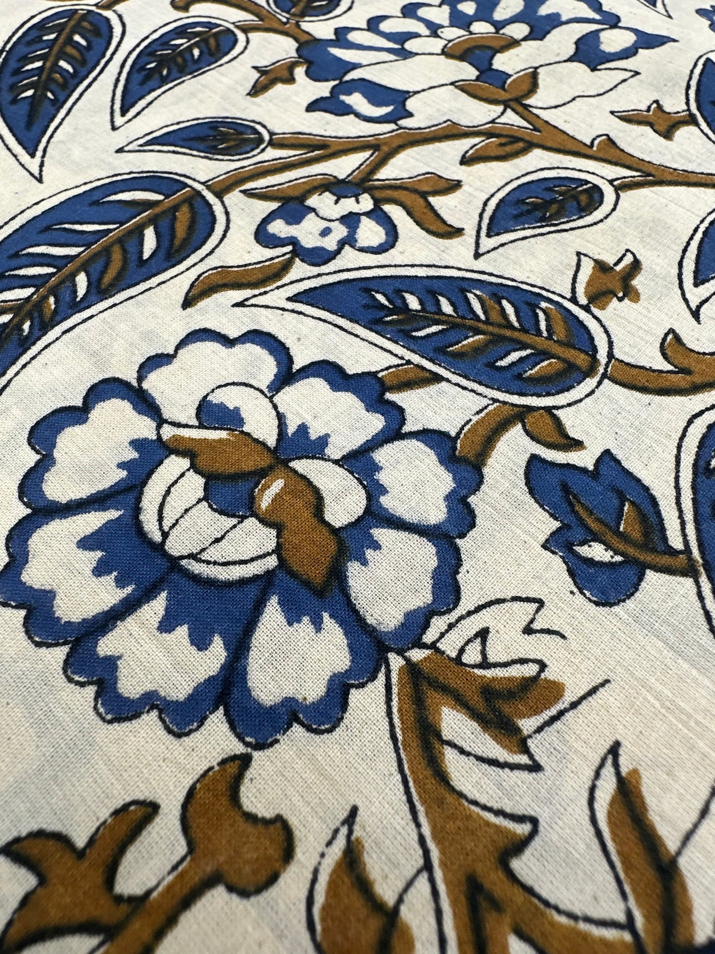 White Ground Blue & Gold Floral Vine Block Print Cotton