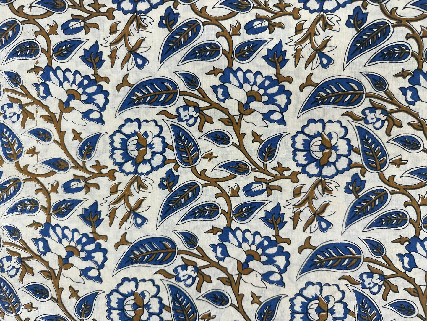 White Ground Blue & Gold Floral Vine Block Print Cotton