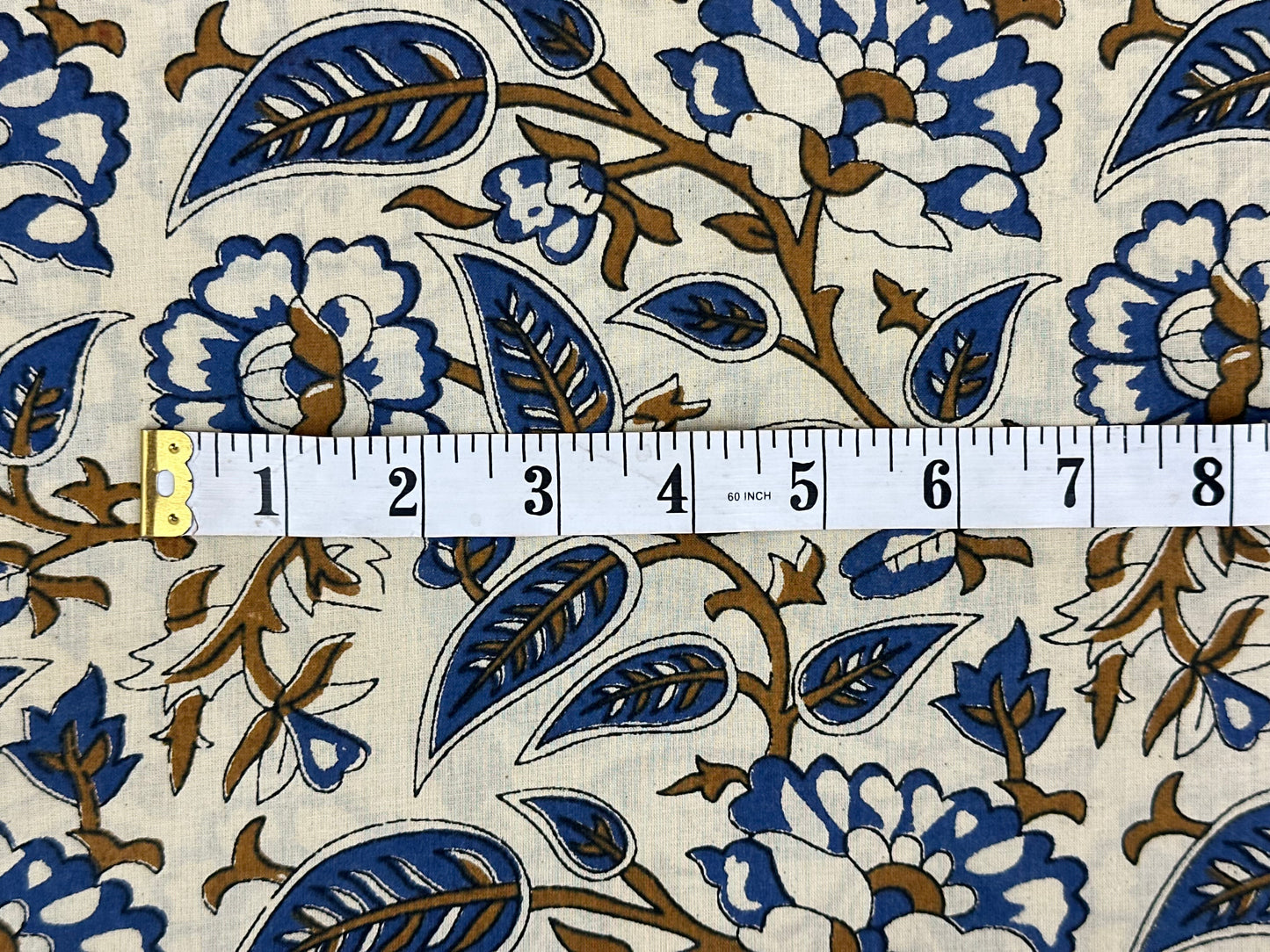 White Ground Blue & Gold Floral Vine Block Print Cotton