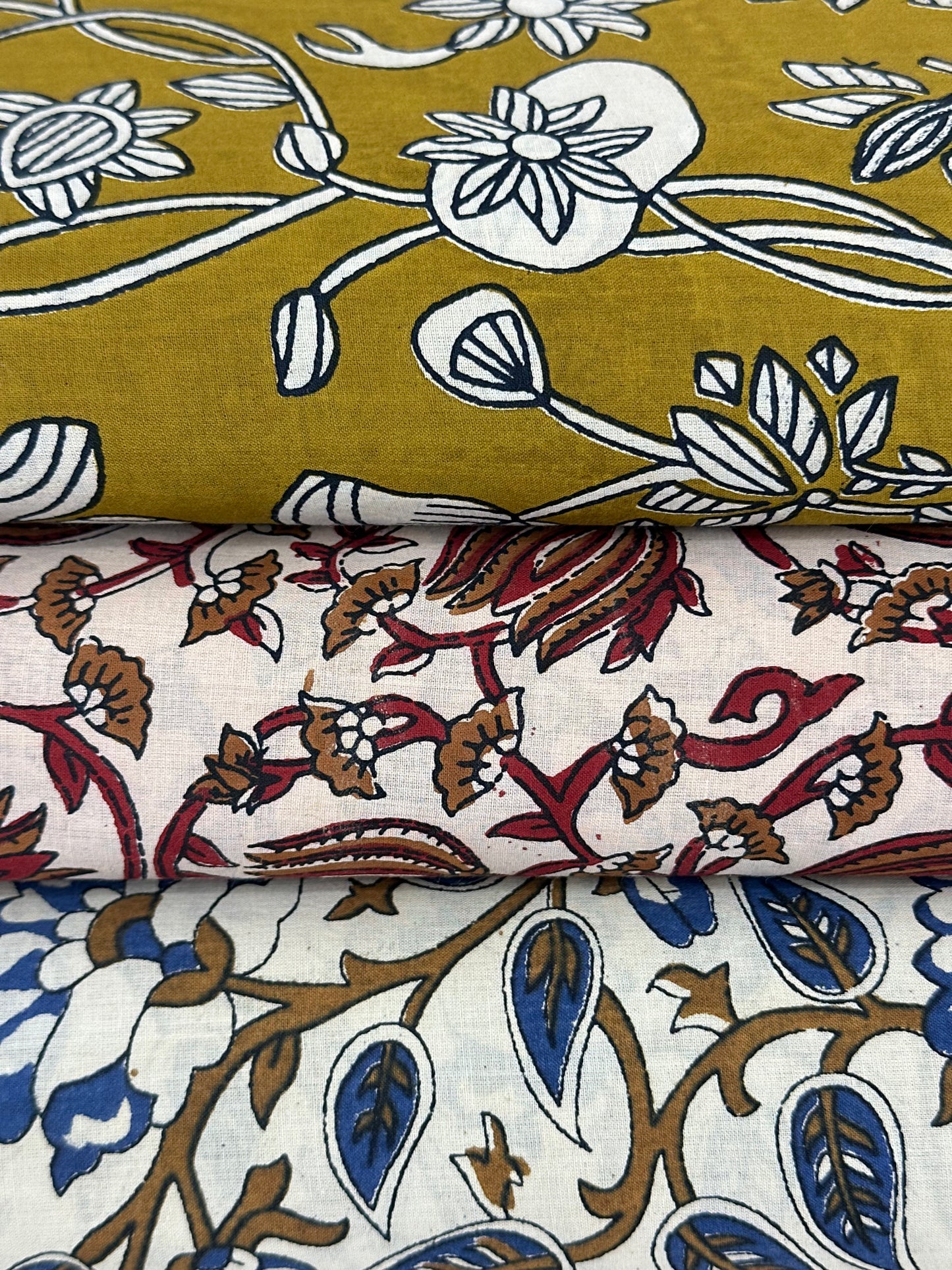 White Ground Blue & Gold Floral Vine Block Print Cotton