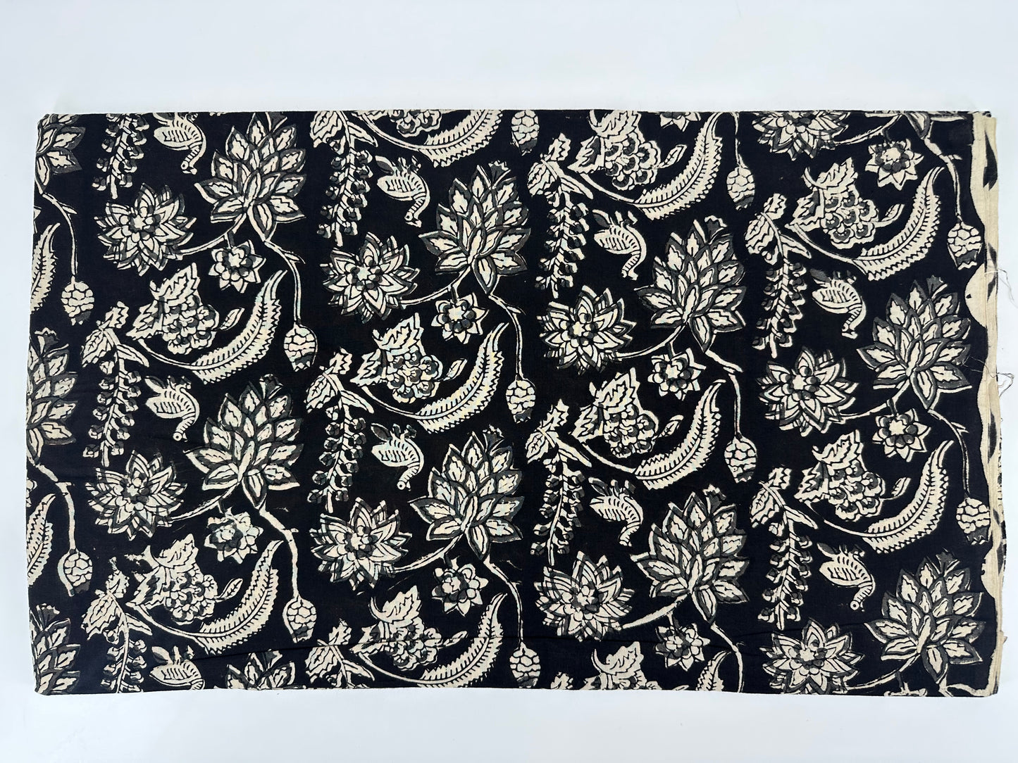 Black Ground Floral Vine Block Print Cotton