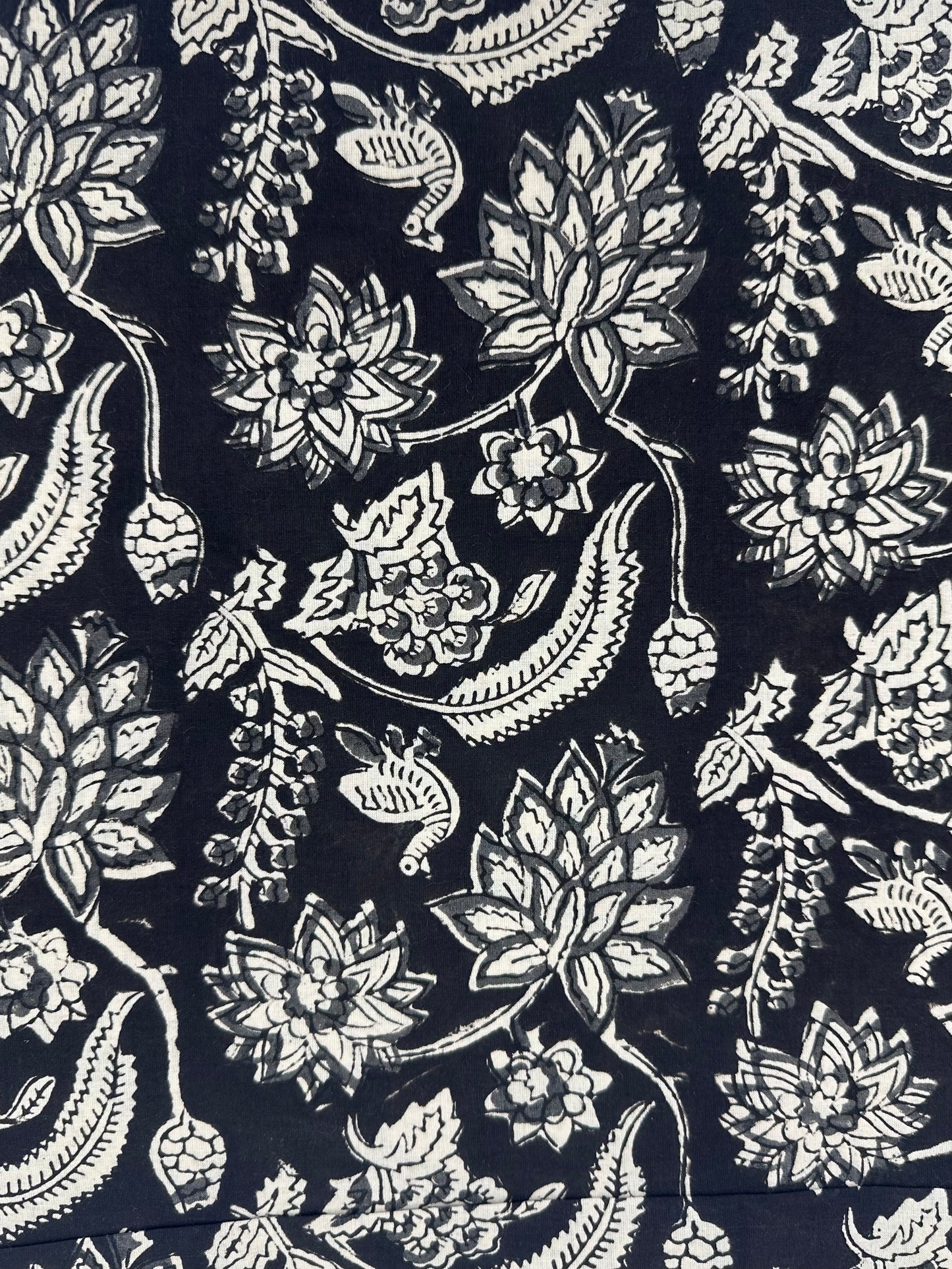 Black Ground Floral Vine Block Print Cotton