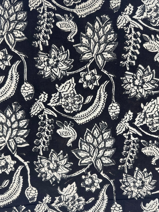 Black Ground Floral Vine Block Print Cotton
