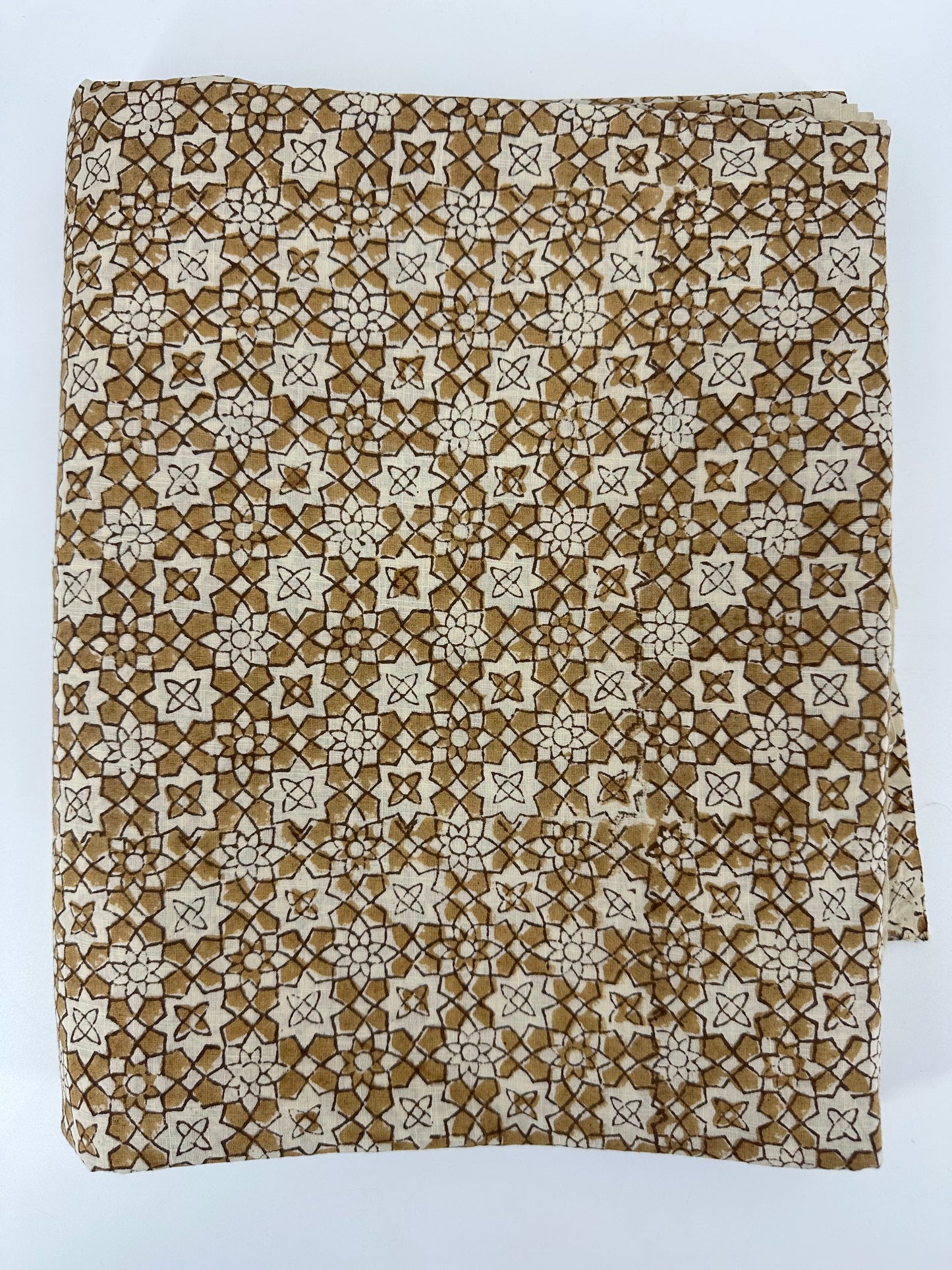 Cream Ground Ochre Geometric Star Block Print Cotton